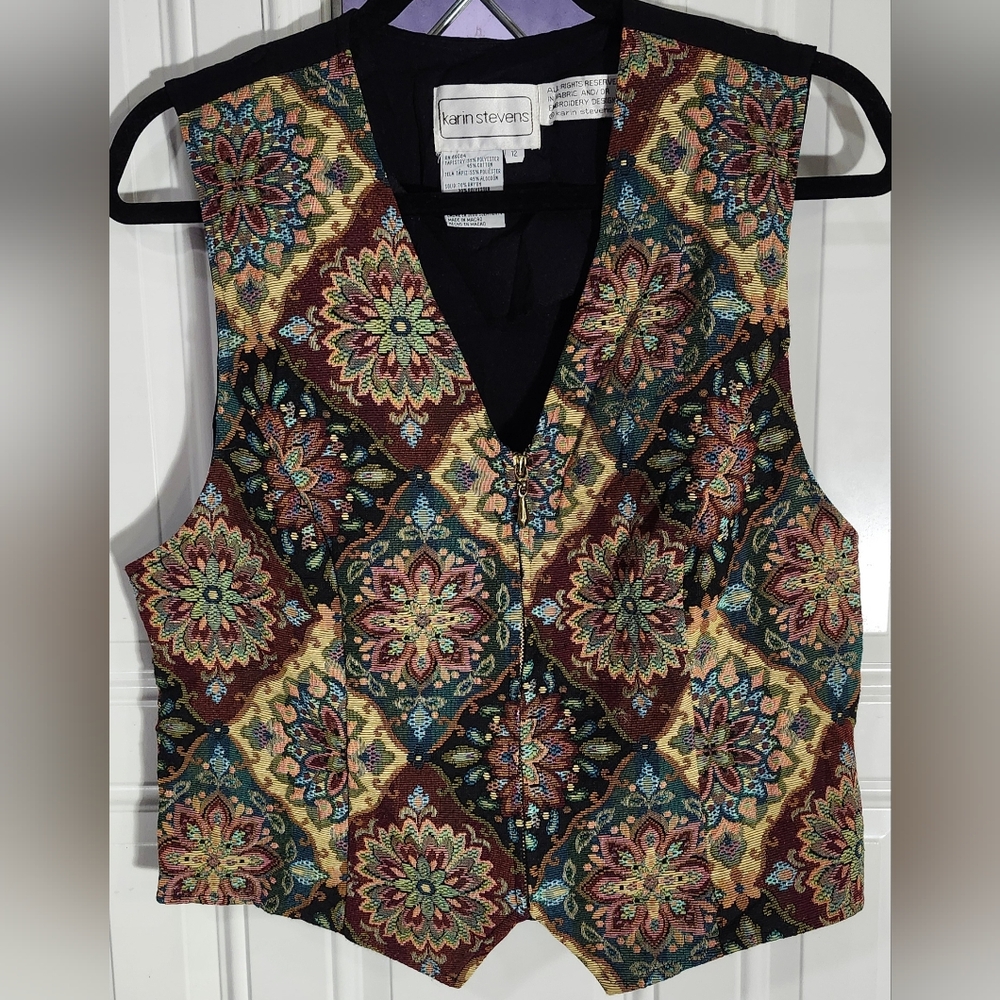 90s Karin Stevens floral tapestry zip up vest women's size 12